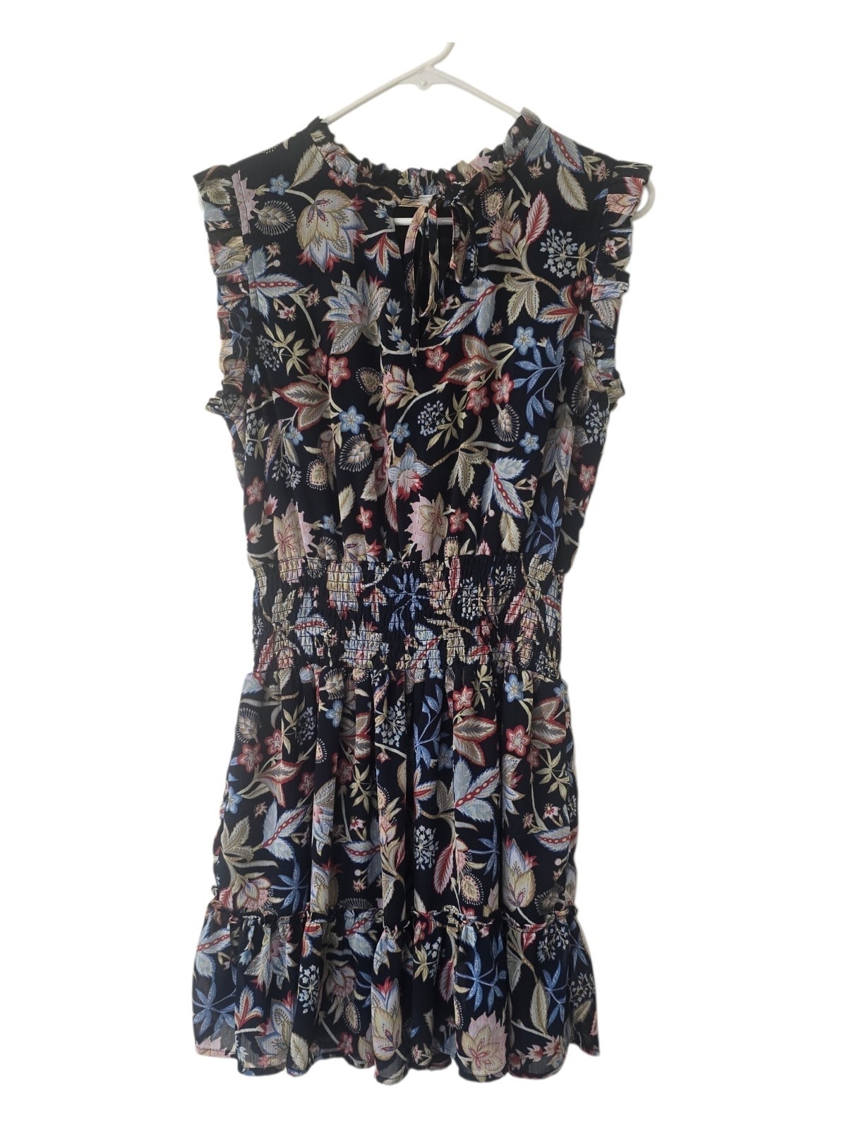 Boho Floral Smocked Waist Mini Dress Mock Neck Ruffle Size M